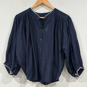 Madewell Maddy Navy Blue Shirred 3/4 Balloon Sleeve Button Down Top L NWT